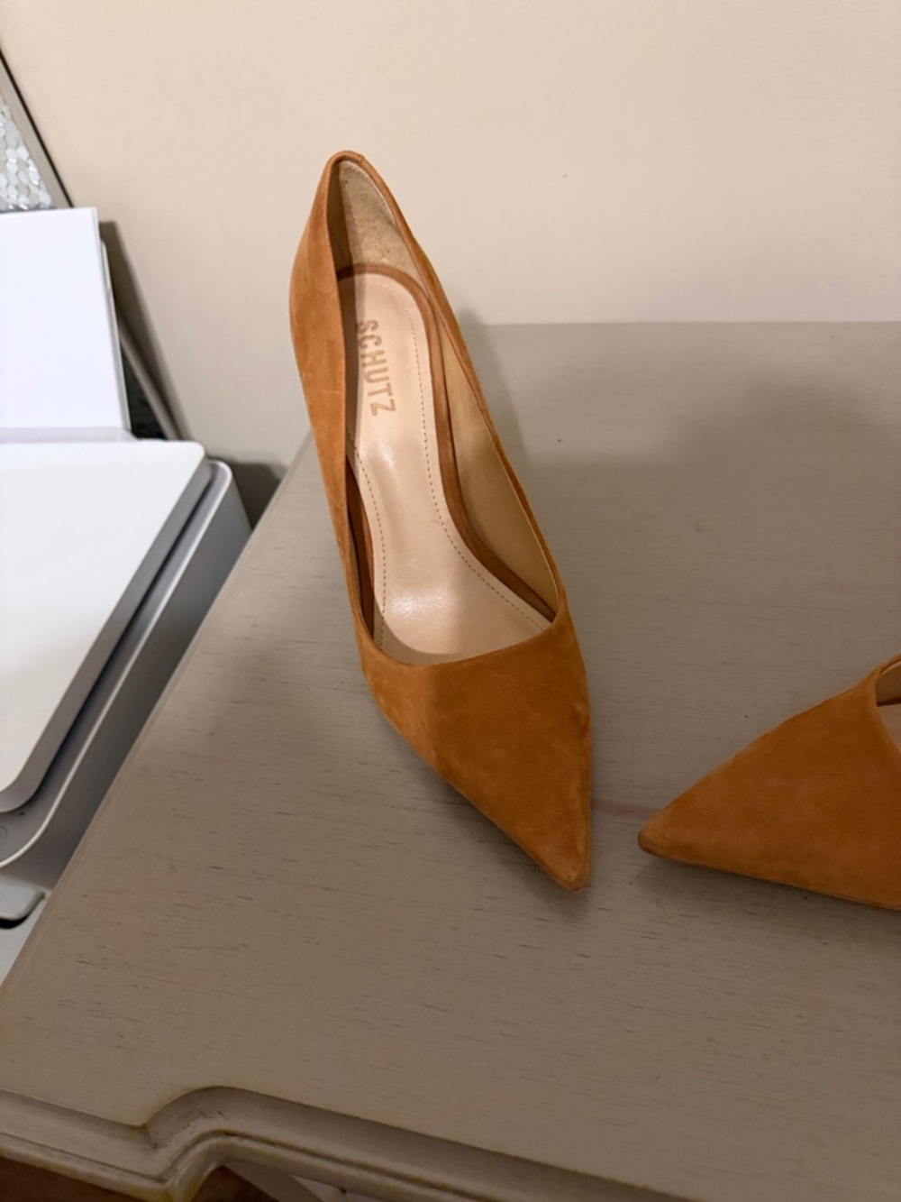 SCHUTZ Pointed Suede Pumps in Camel Tan - Picture 3 of 7